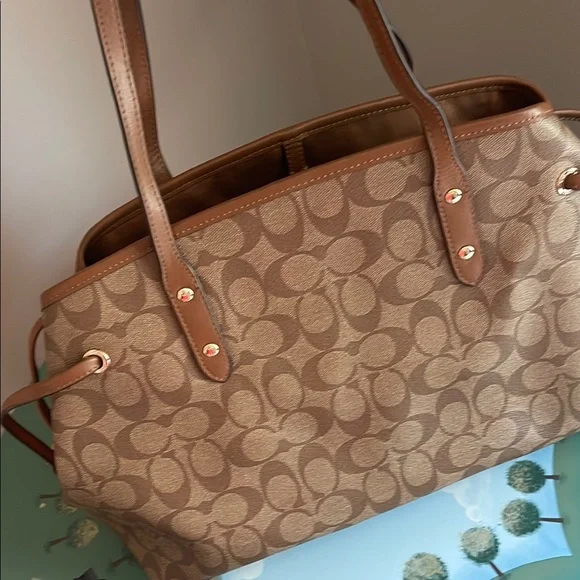 Coach Brown Monogram Tote with Leather Trim - Picture 4 of 5